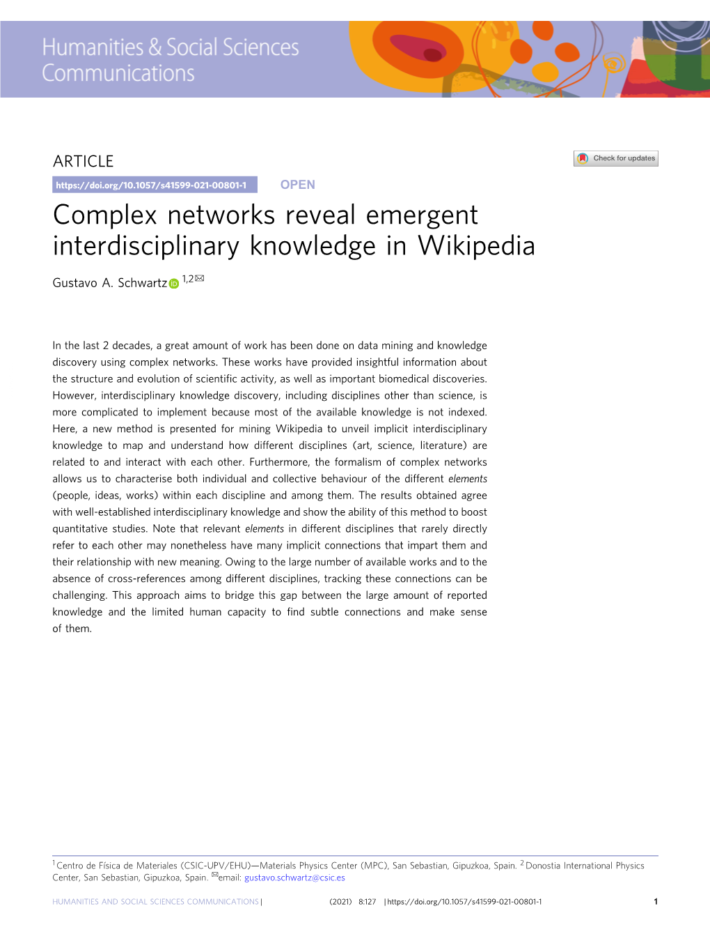 Complex Networks Reveal Emergent Interdisciplinary Knowledge in Wikipedia ✉ Gustavo A