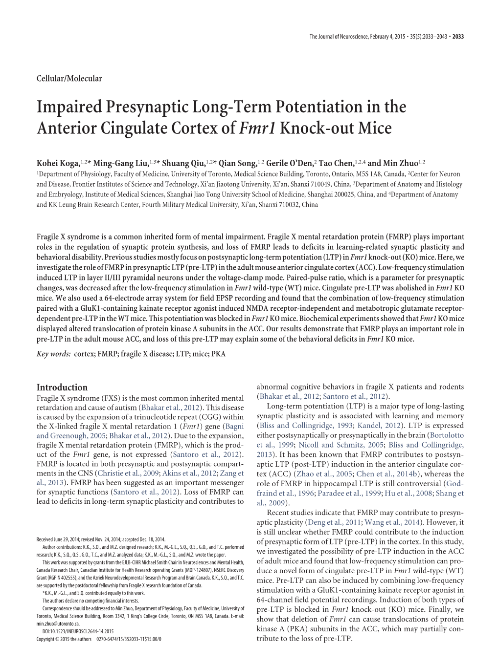 Impaired Presynaptic Long-Term Potentiation in the Anterior Cingulate Cortex of Fmr1 Knock-Out Mice