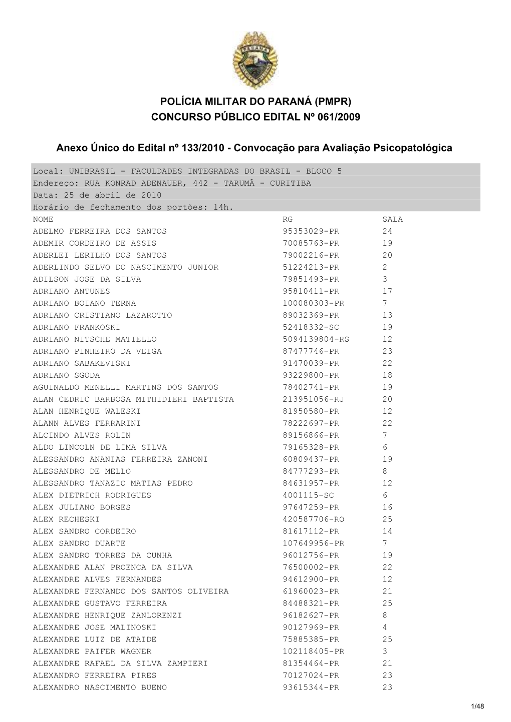 POLÍCIA MILITAR DO PARANÁ (PMPR) CONCURSO PÚBLICO EDITAL Nº 061/2009 Anexo Único Do Edital Nº 133/2010
