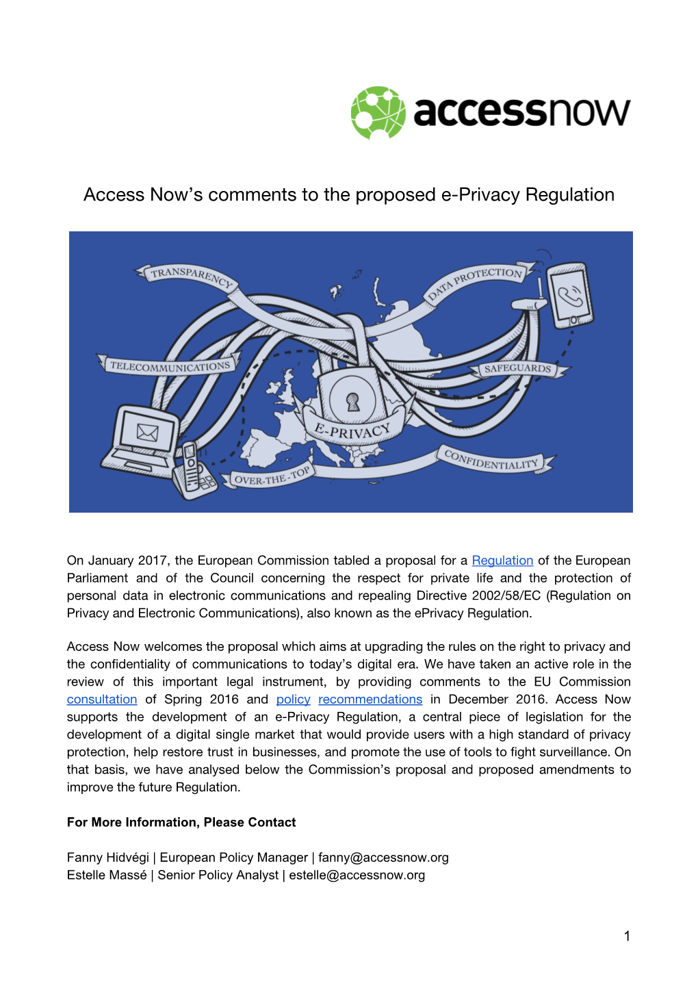 Access Now's Comments to the Proposed E-Privacy Regulation