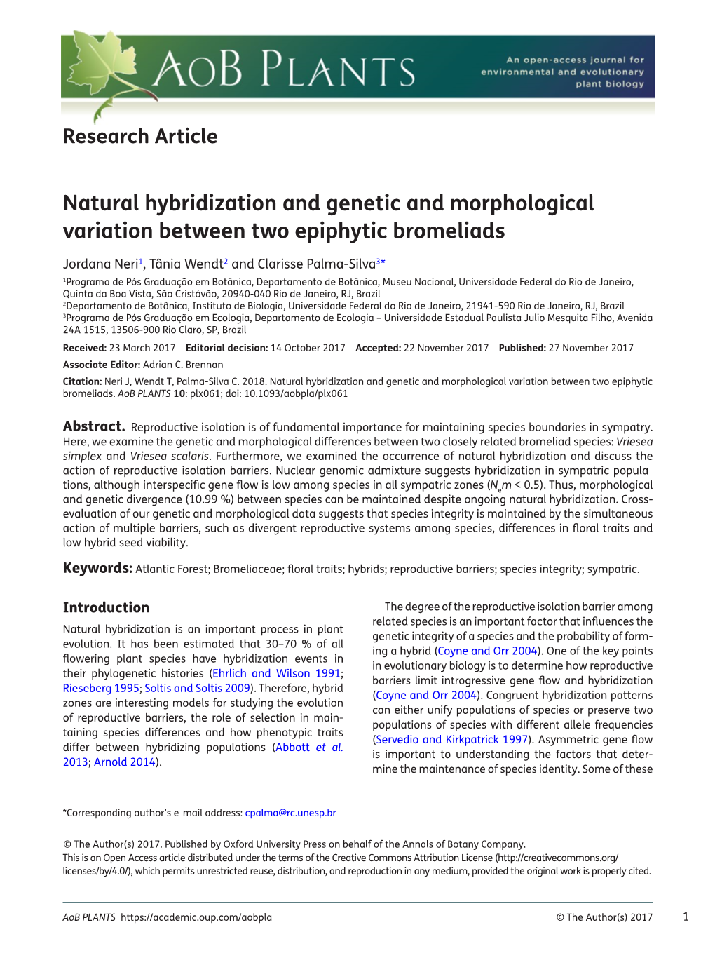 Natural Hybridization and Genetic and Morphological Variation Between Two Epiphytic Bromeliads