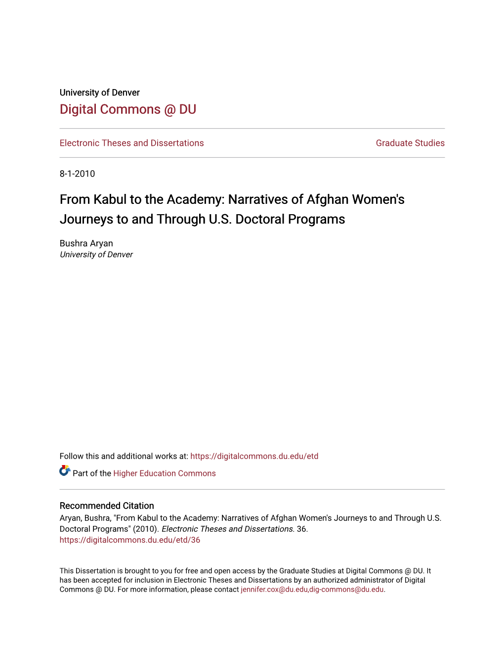 Narratives of Afghan Women's Journeys to and Through U.S. Doctoral Programs