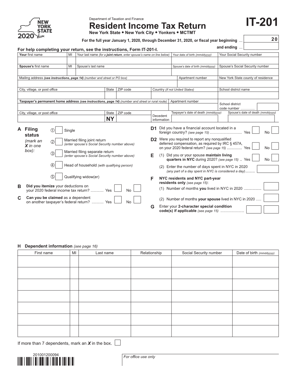 Form IT-201 Resident Income Tax Return Tax Year 2020