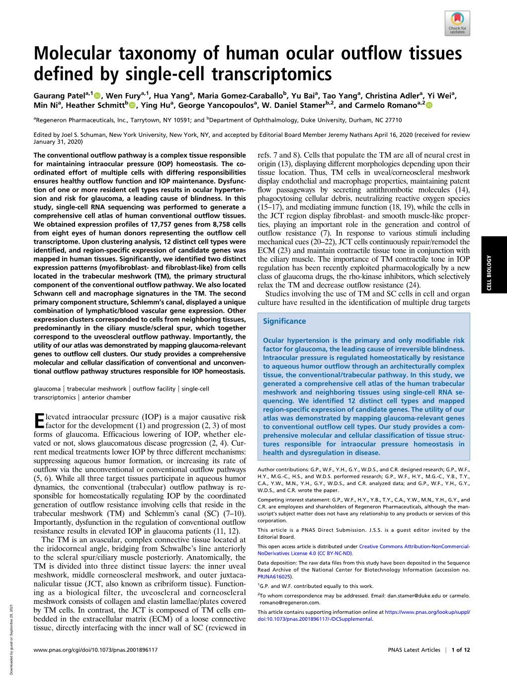 Molecular Taxonomy of Human Ocular Outflow Tissues Defined by Single-Cell Transcriptomics