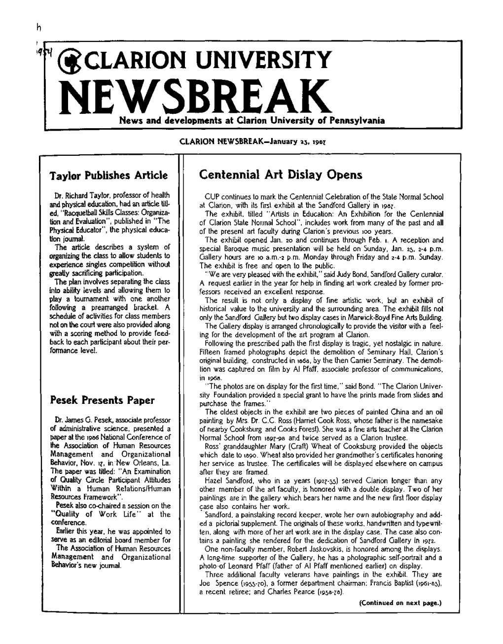 NEWSBREAK News and Developments at Clarion University of Pennsylvania