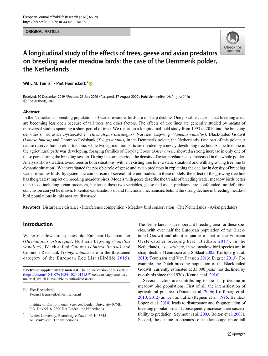 A Longitudinal Study of the Effects of Trees, Geese and Avian Predators on Breeding Wader Meadow Birds: the Case of the Demmerik Polder, the Netherlands