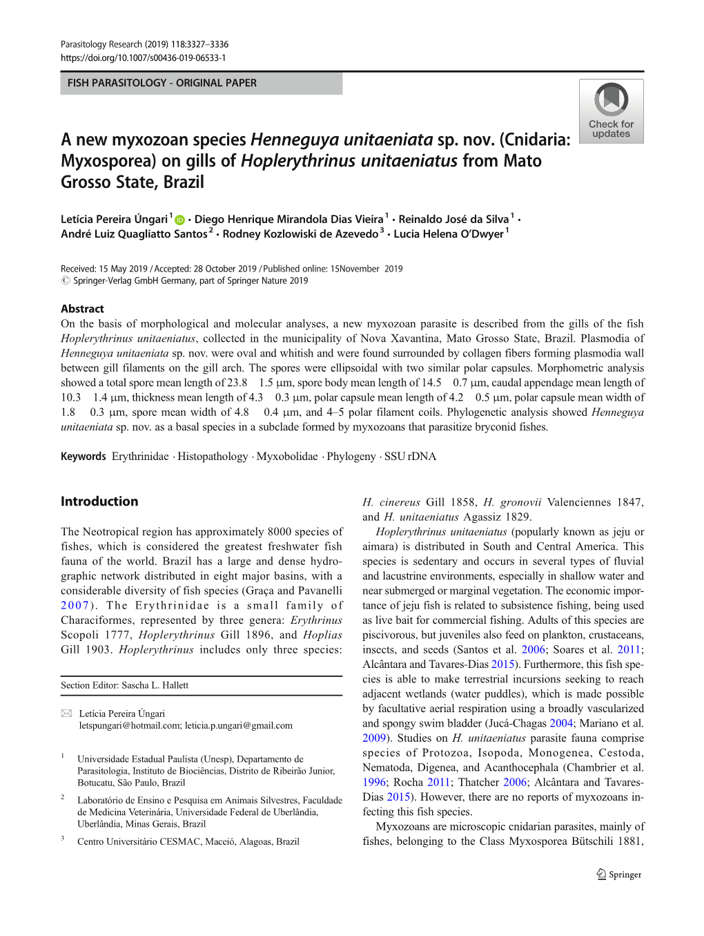 A New Myxozoan Species Henneguya Unitaeniata Sp. Nov. (Cnidaria