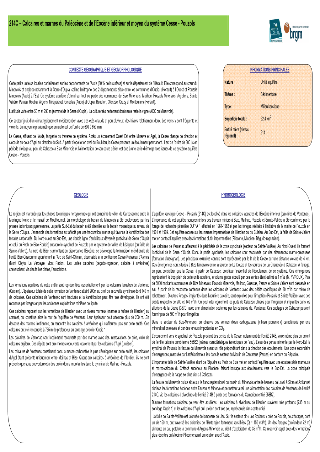 214C – Calcaires Et Marnes Du Paléocène Et De L'eocène Inférieur