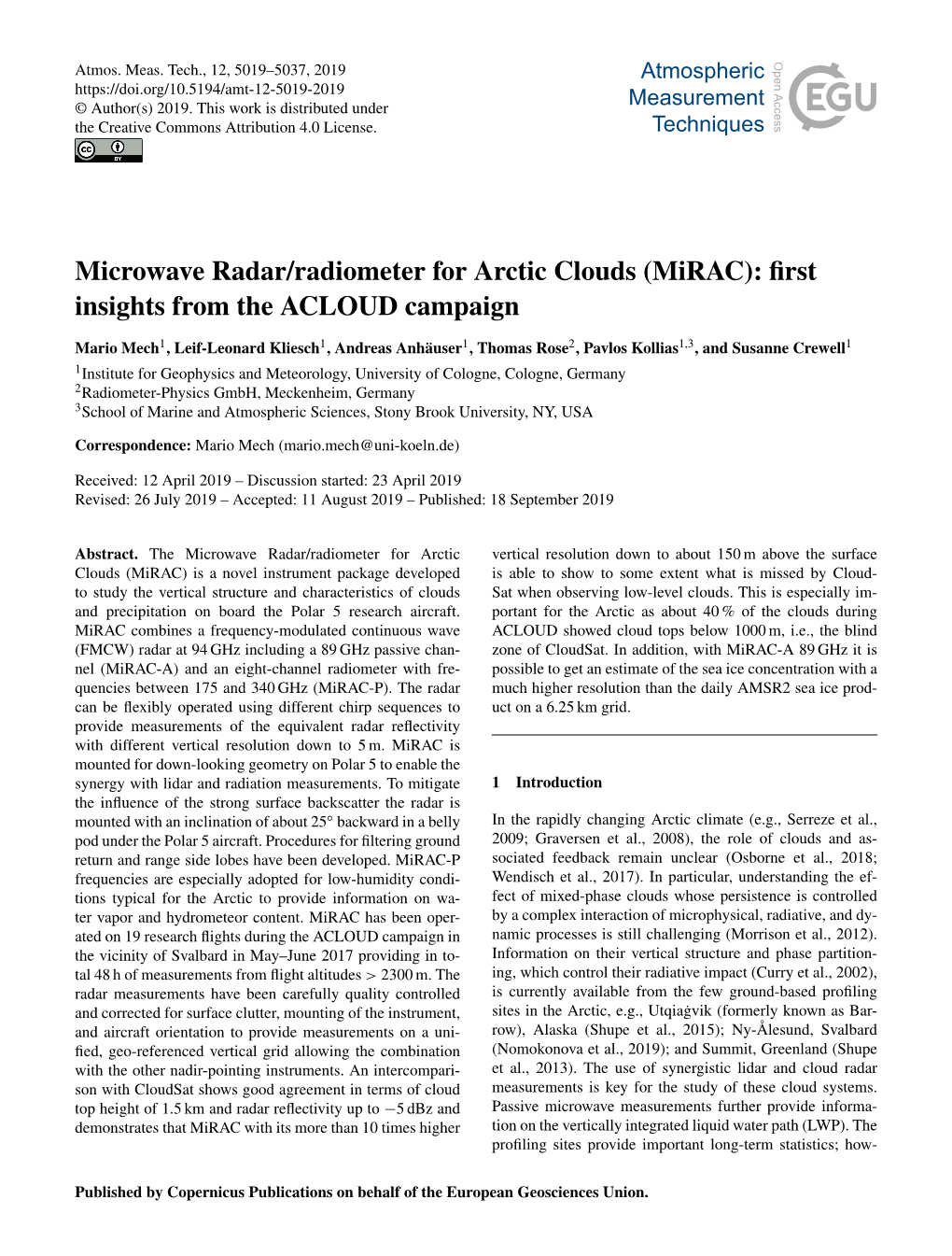 Microwave Radar/Radiometer for Arctic Clouds (Mirac): First Insights from the ACLOUD Campaign