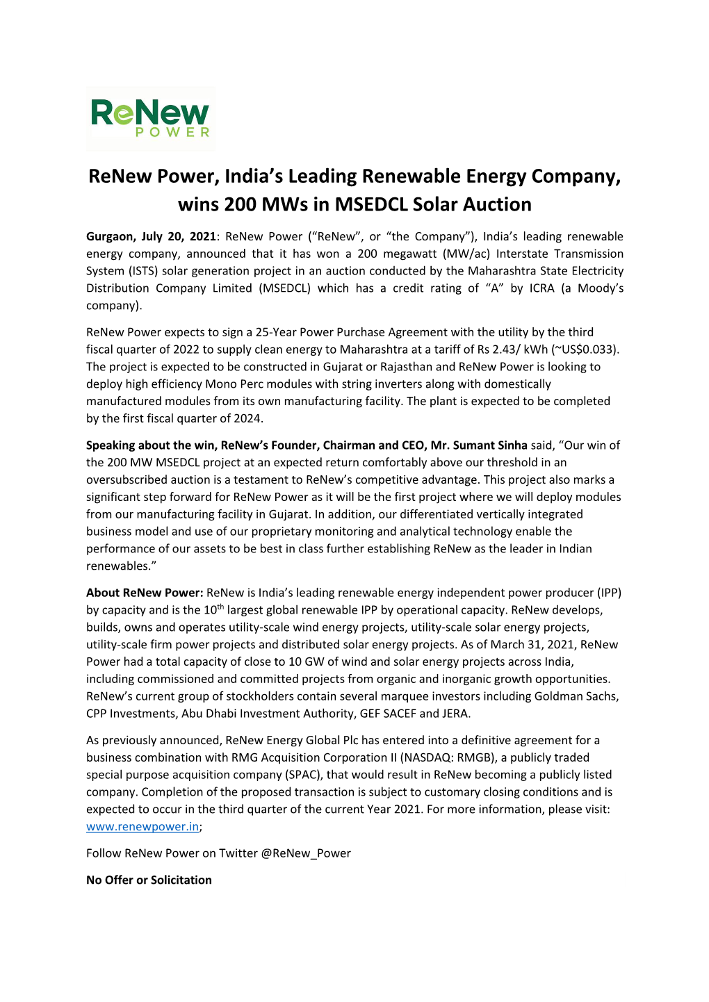 Renew Power, India's Leading Renewable Energy Company, Wins