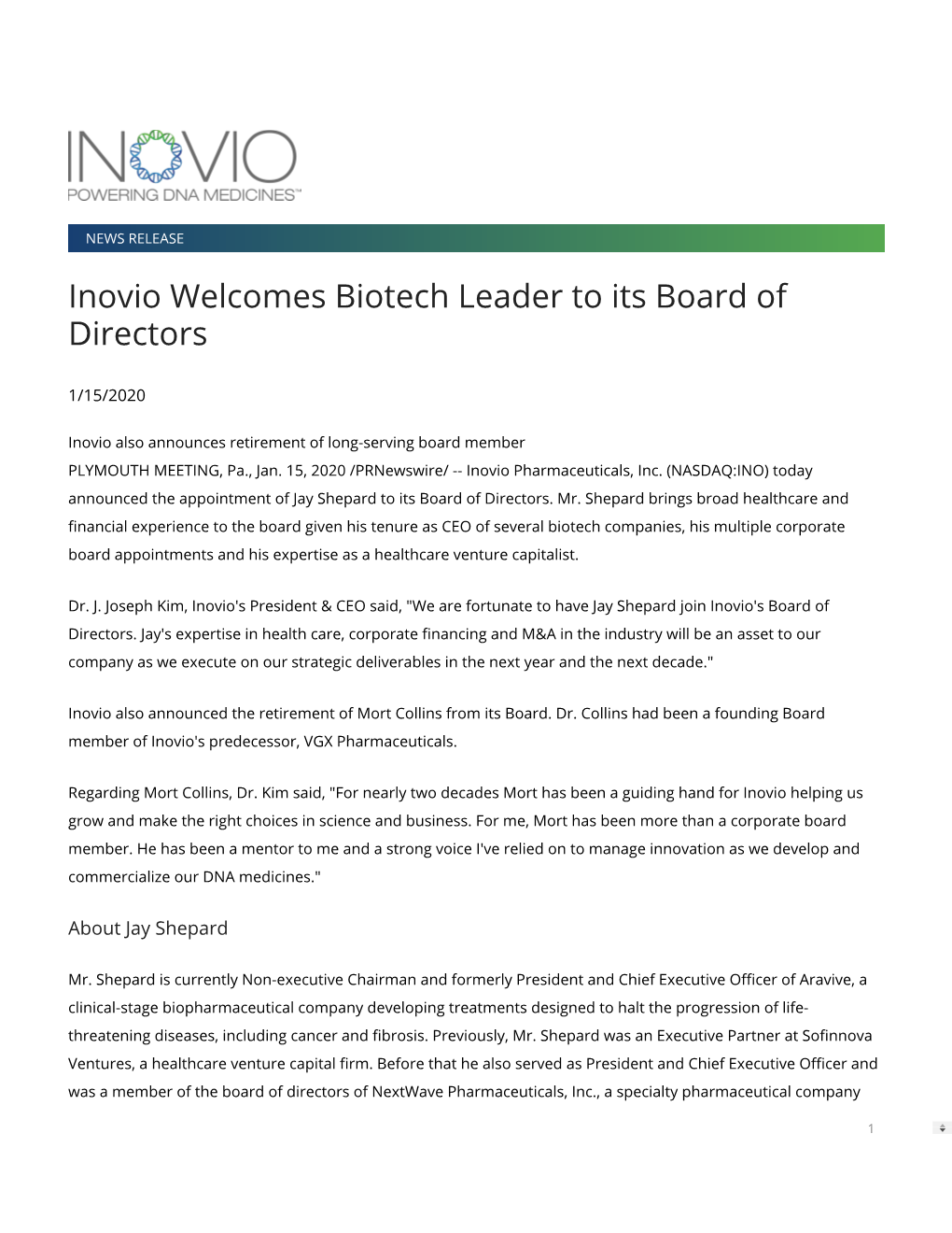 Inovio Welcomes Biotech Leader to Its Board of Directors