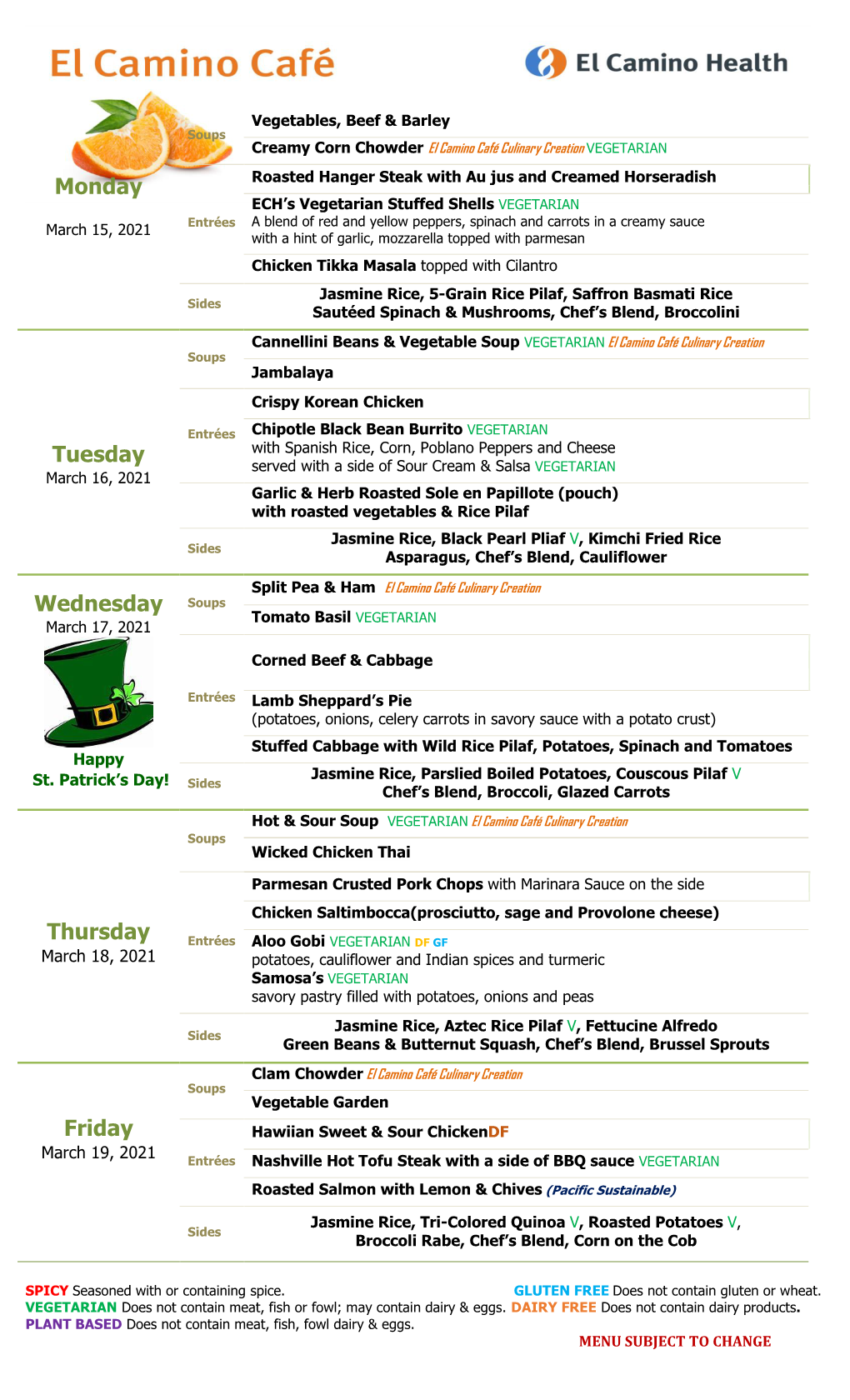 El Camino Cafe Menu for the Week of 3/15/2021