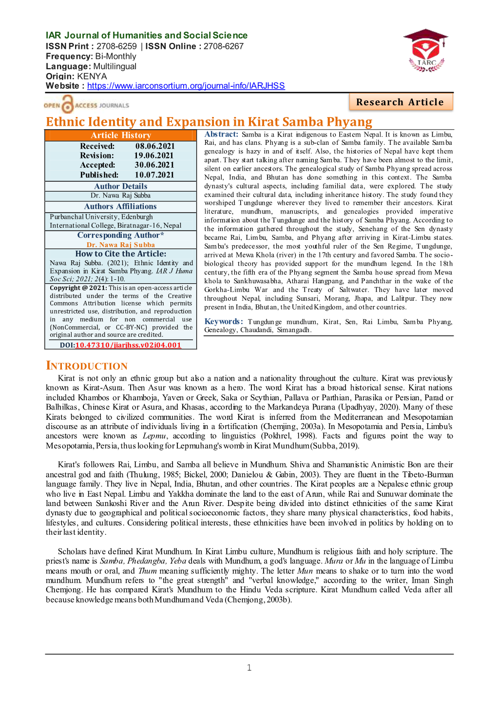 Ethnic Identity and Expansion in Kirat Samba Phyang Article History Abstract: Samba Is a Kirat Indigenous to Eastern Nepal