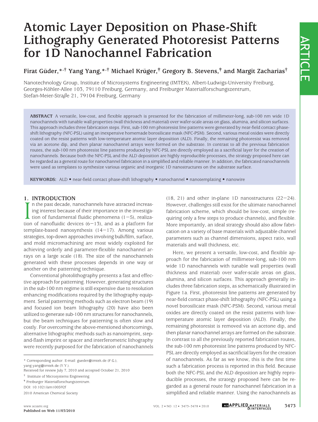 Atomic Layer Deposition on Phase-Shift Lithography Generated Photoresist Patterns ARTICLE for 1D Nanochannel Fabrication