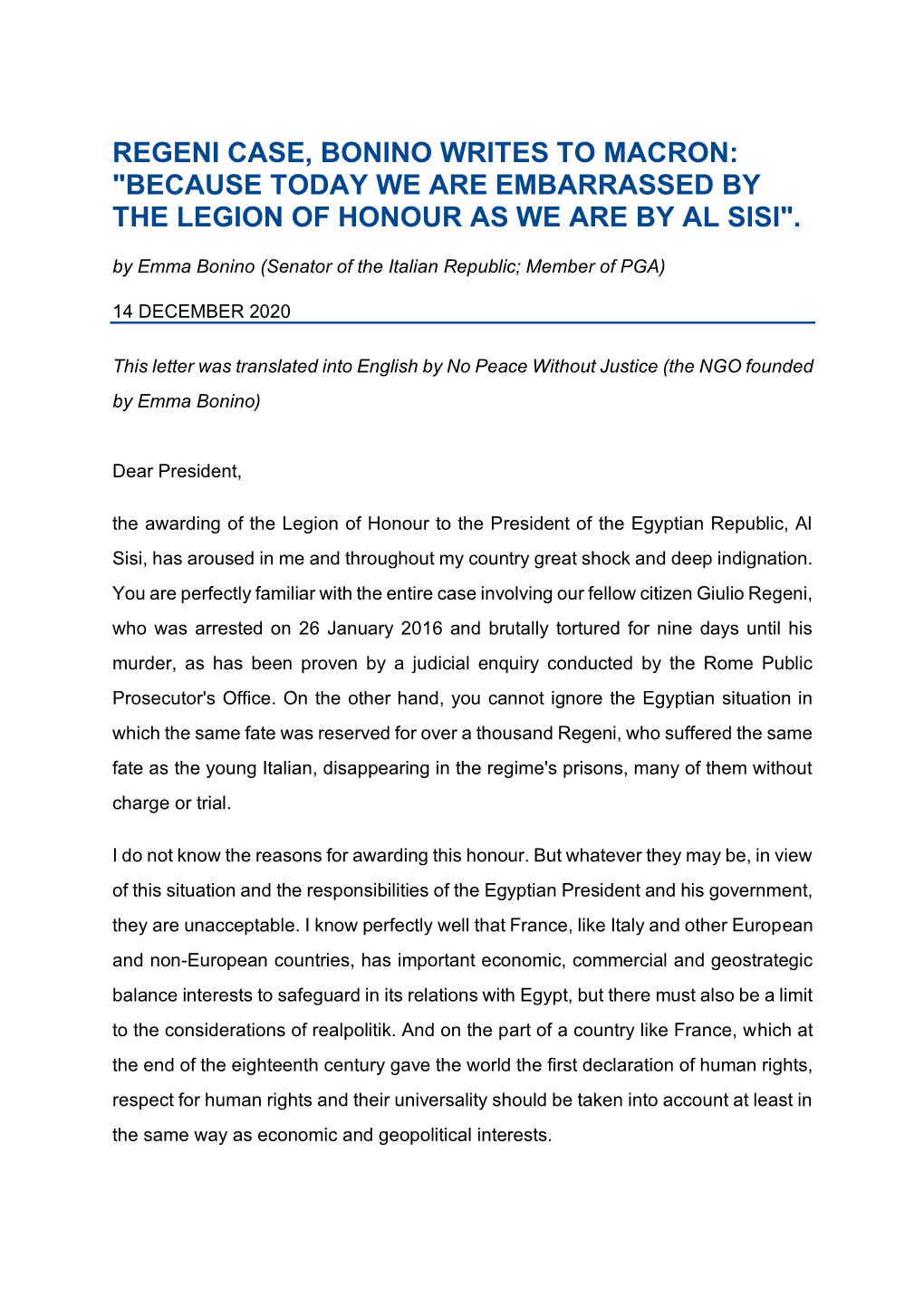 Regeni Case, Bonino Writes to Macron: "Because Today We Are Embarrassed by the Legion of Honour As We Are by Al Sisi"