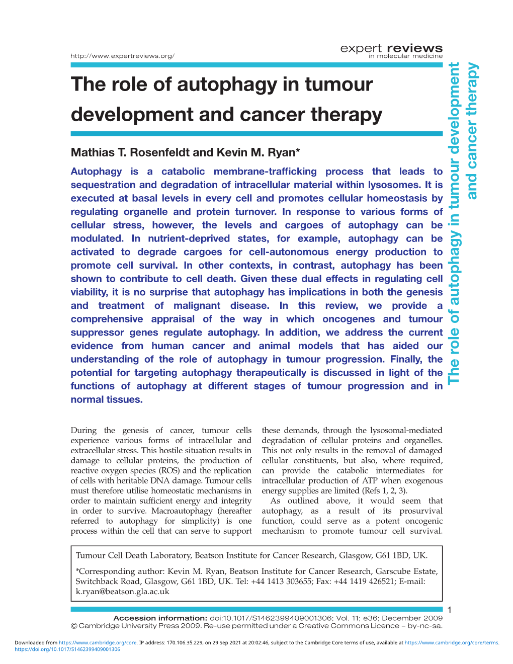 The Role of Autophagy in Tumour Development and Cancer Therapy