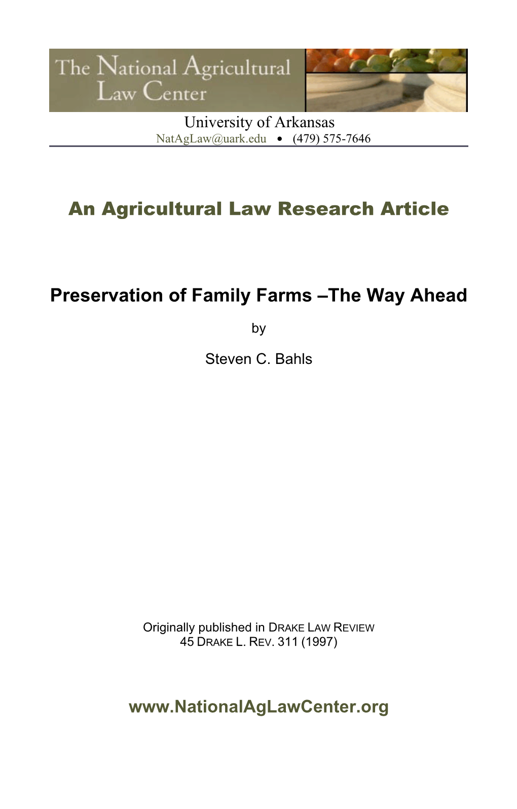 Preservation of Family Farms –The Way Ahead