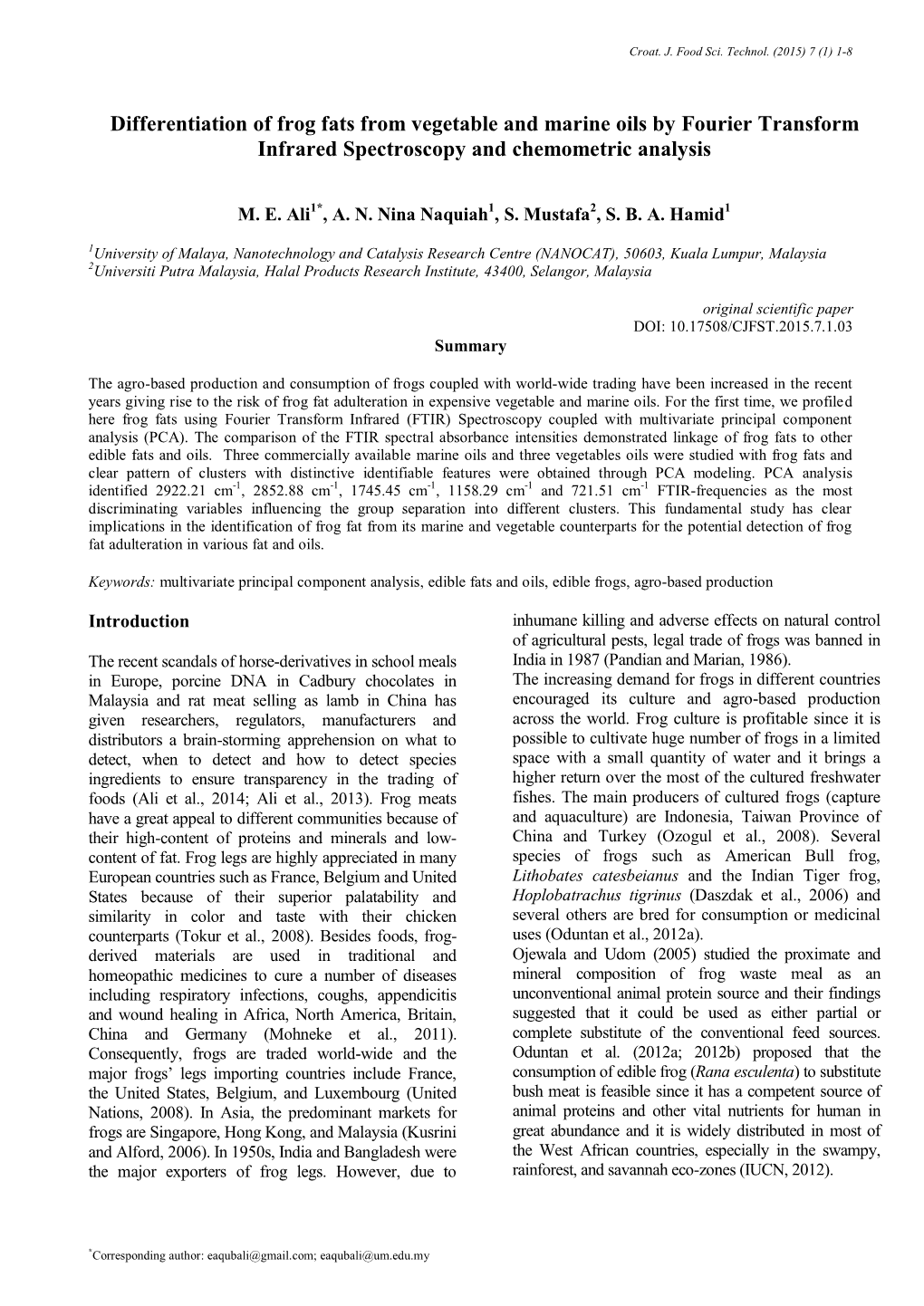 Differentiation of Frog Fats from Vegetable and Marine Oils by Fourier Transform Infrared Spectroscopy and Chemometric Analysis