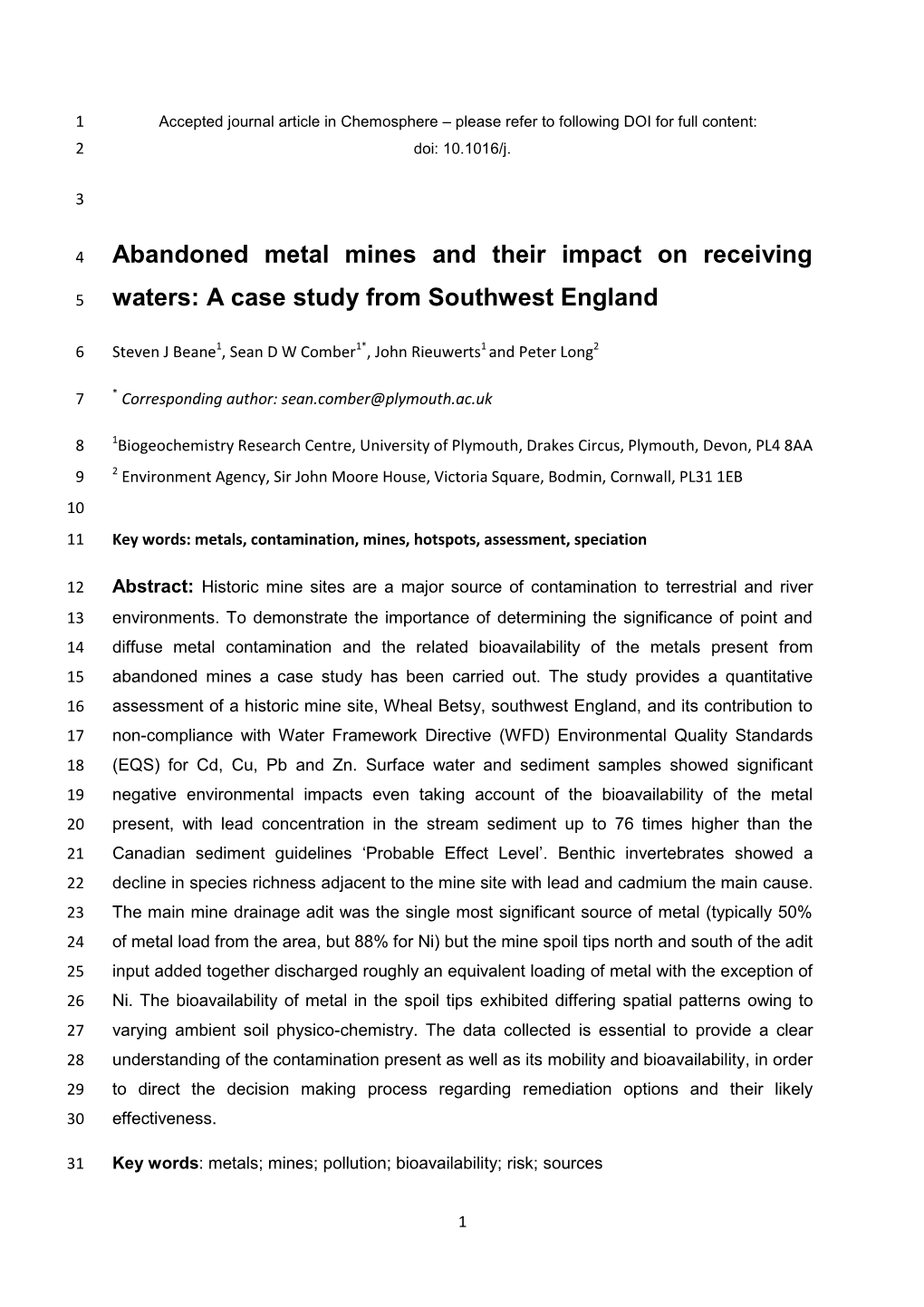 Abandoned Metal Mines and Their Impact on Receiving Waters: a Case Study from Southwest England