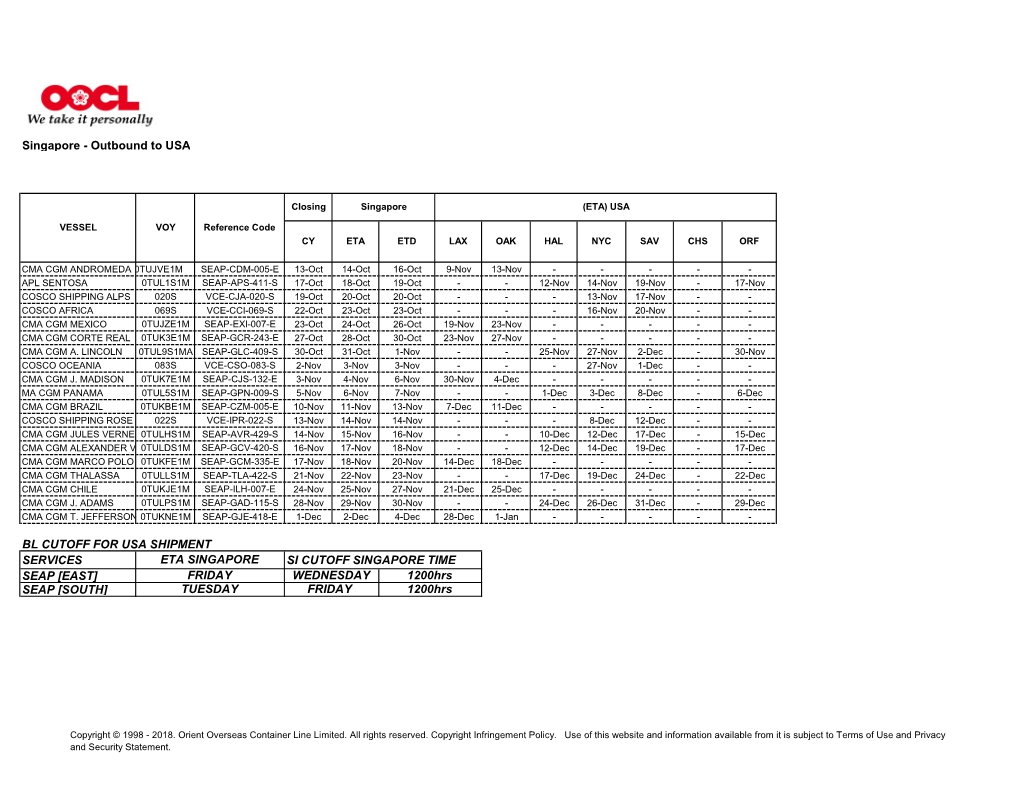 Singapore - Outbound to USA