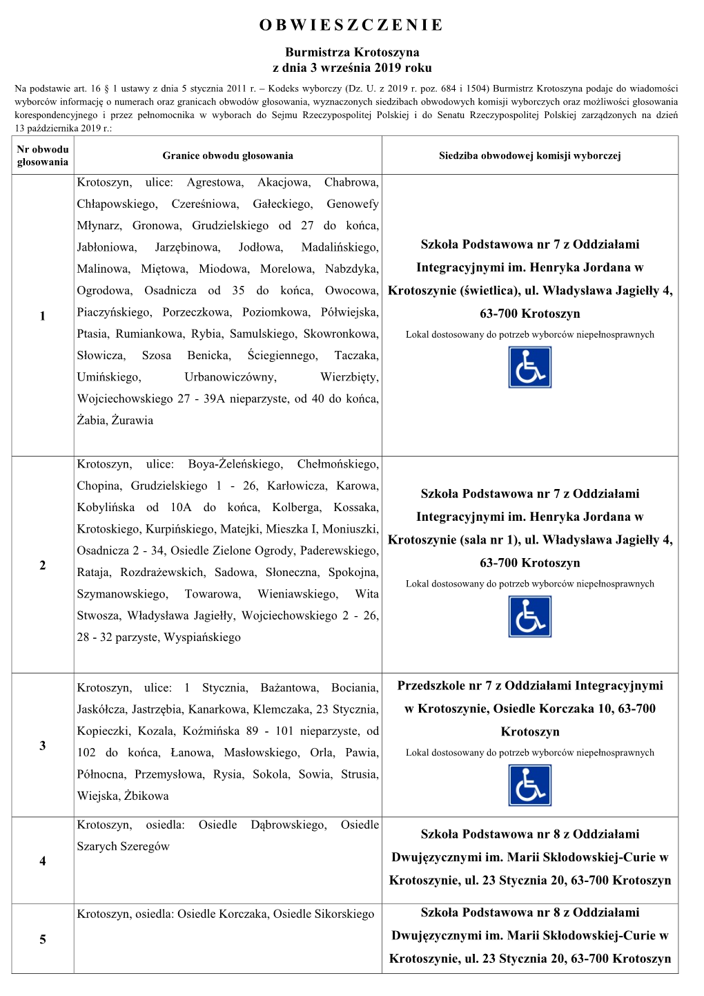 OBWIESZCZENIE Burmistrza Krotoszyna Z Dnia 3 Września 2019 Roku