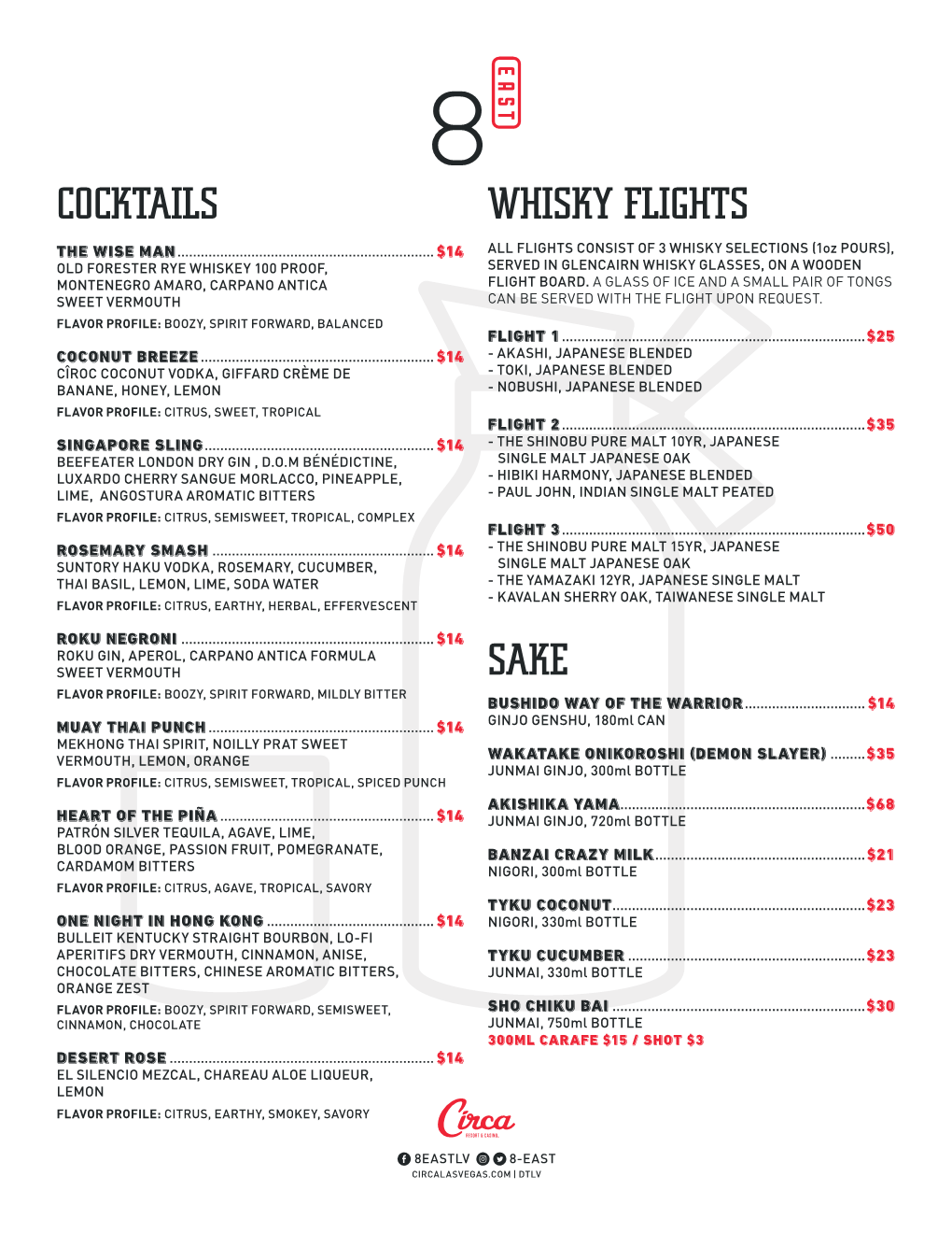 Cocktails Whisky Flights Sake
