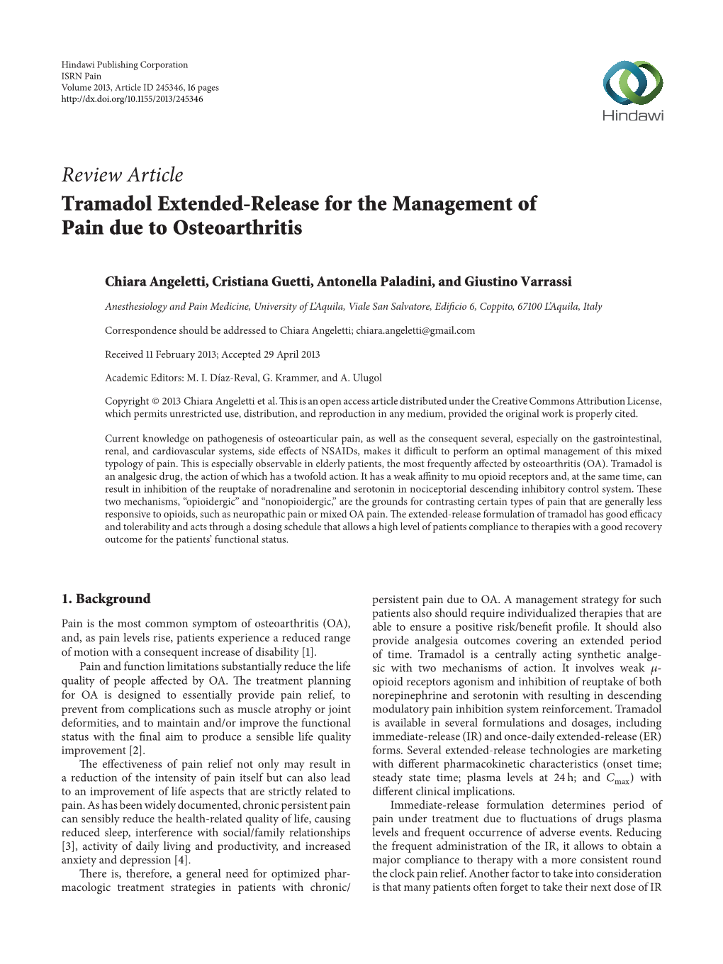 Review Article Tramadol Extended-Release for the Management of Pain Due to Osteoarthritis