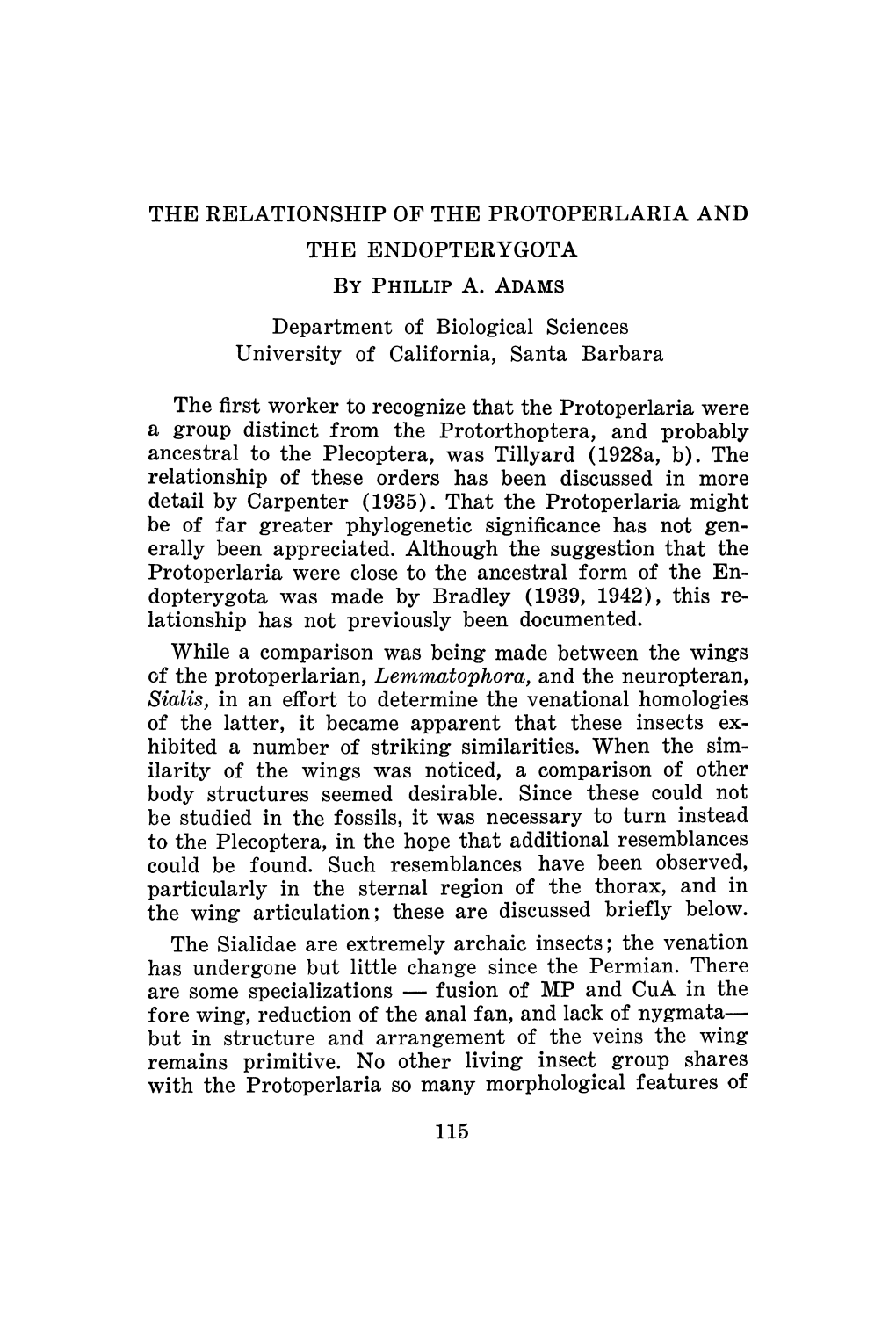 The Relationship of the Protoperlaria and the Endopterygota by Phillip A