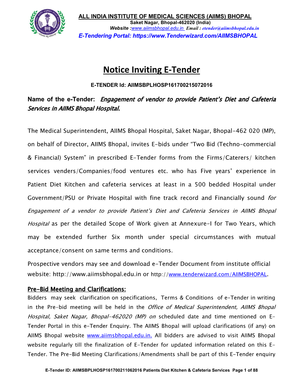 Notice Inviting E-Tender