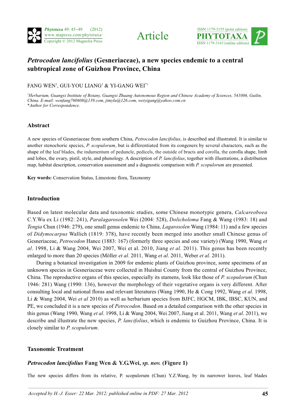 Petrocodon Lancifolius (Gesneriaceae), a New Species Endemic to a Central Subtropical Zone of Guizhou Province, China