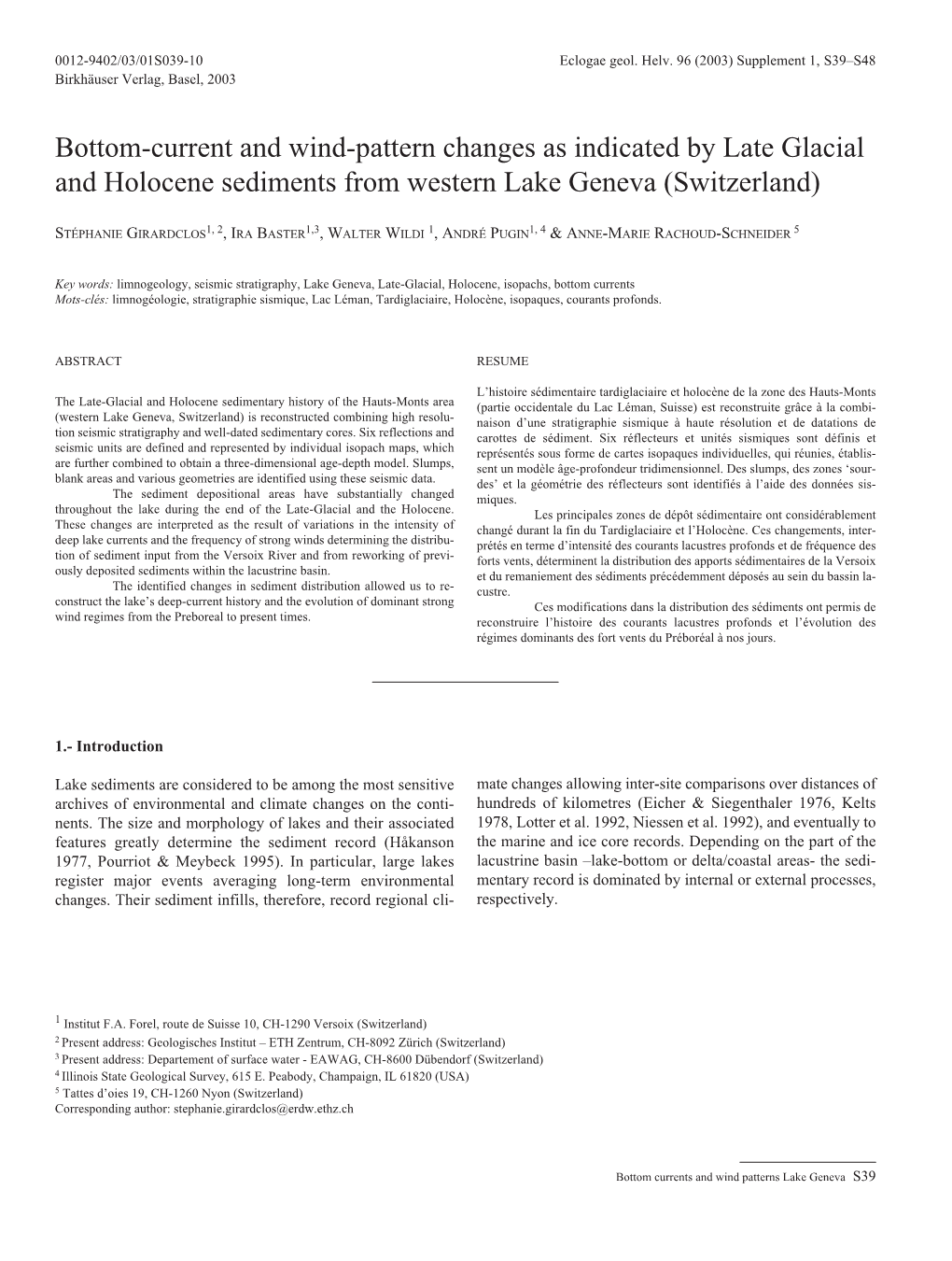 Bottom-Current and Wind-Pattern Changes As Indicated by Late Glacial and Holocene Sediments from Western Lake Geneva (Switzerland)