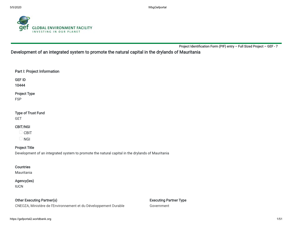 PIF) Entry – Full Sized Project – GEF - 7 Development of an Integrated System to Promote the Natural Capital in the Drylands of Mauritania