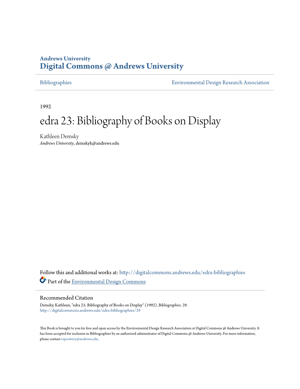 Edra 23: Bibliography of Books on Display Kathleen Demsky Andrews University, Demskyk@Andrews.Edu