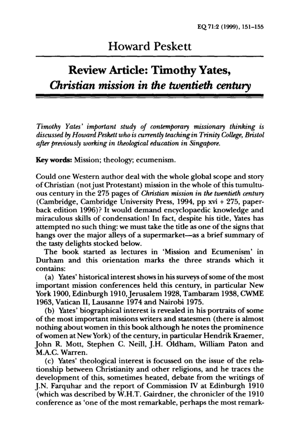 Howard Peskett, "Review Article: Timothy Yates, Christian Mission In