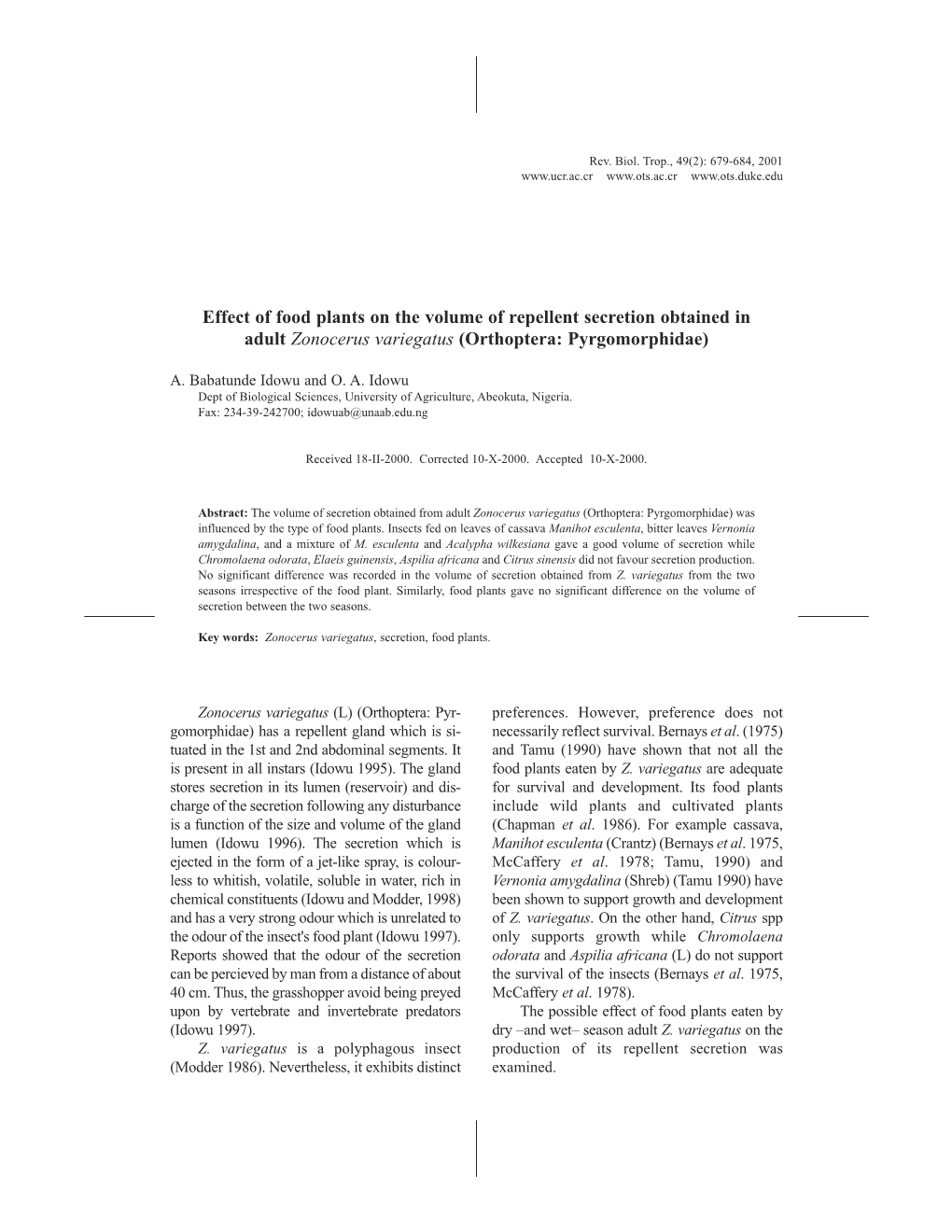 Effect of Food Plants on the Volume of Repellent Secretion Obtained in Adult Zonocerus Variegatus (Orthoptera: Pyrgomorphidae)