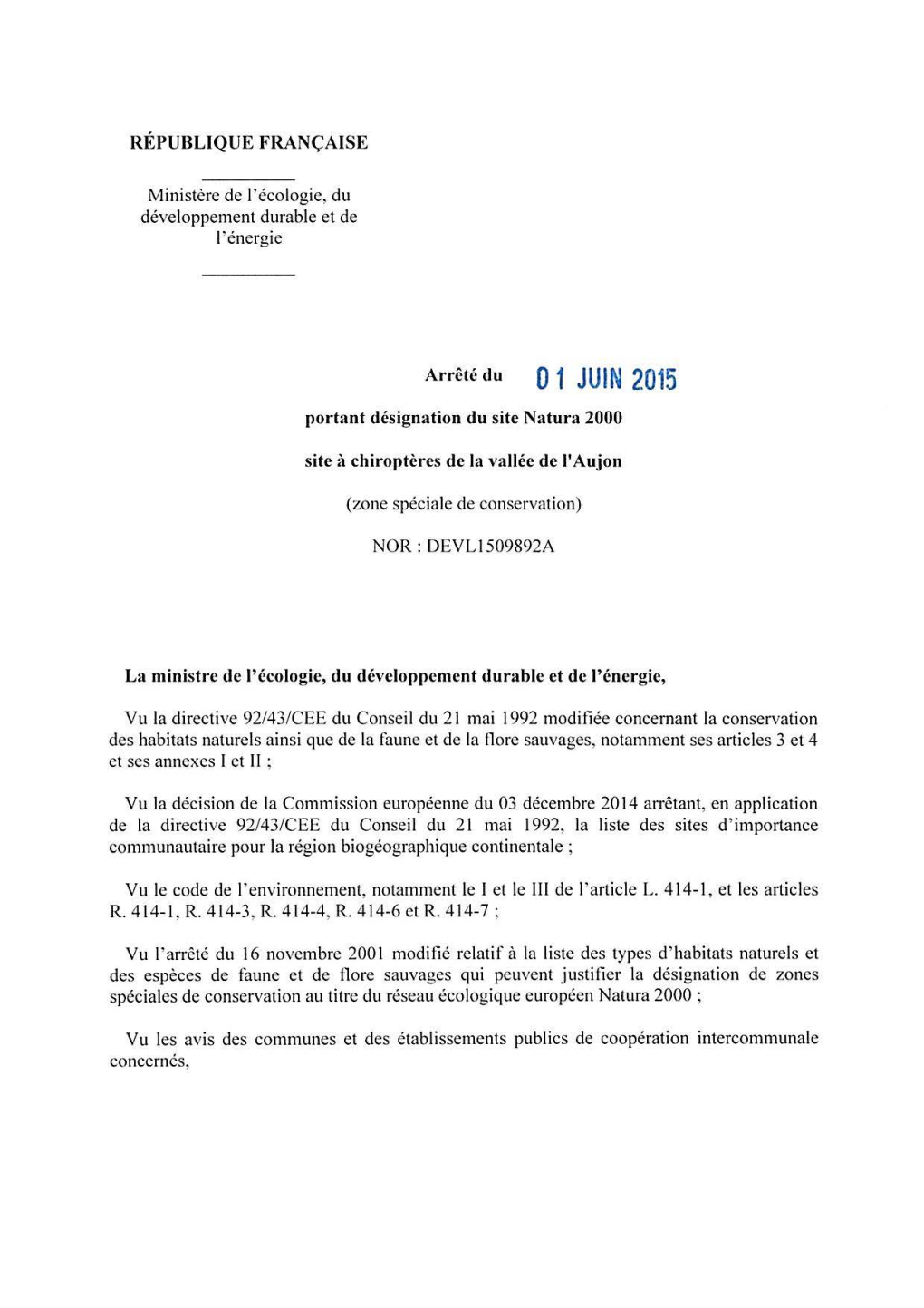 0 1 JUIN 2015 Portant Désignation Du Site Natura 2000