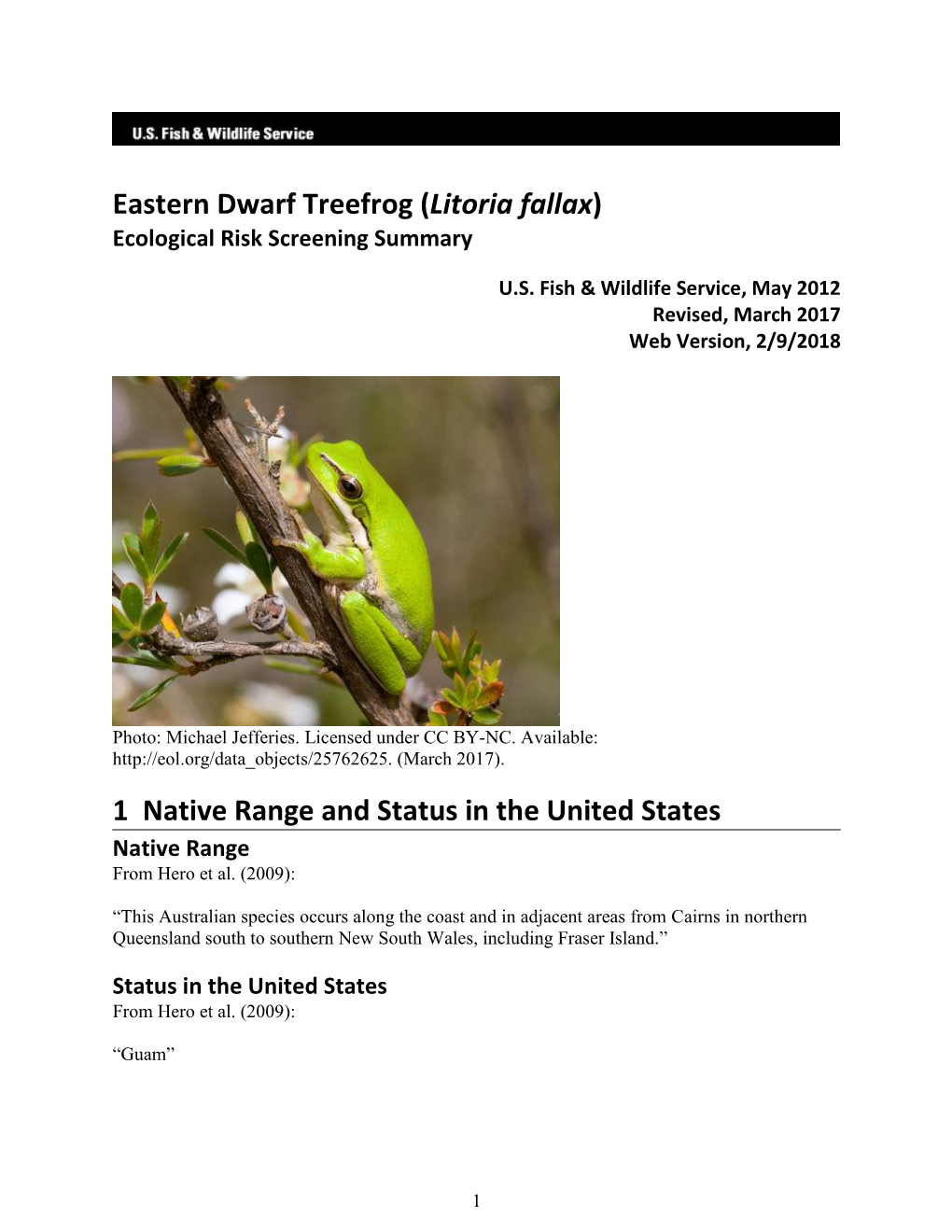 Eastern Dwarf Treefrog (Litoria Fallax) 1 Native Range and Status in the United States