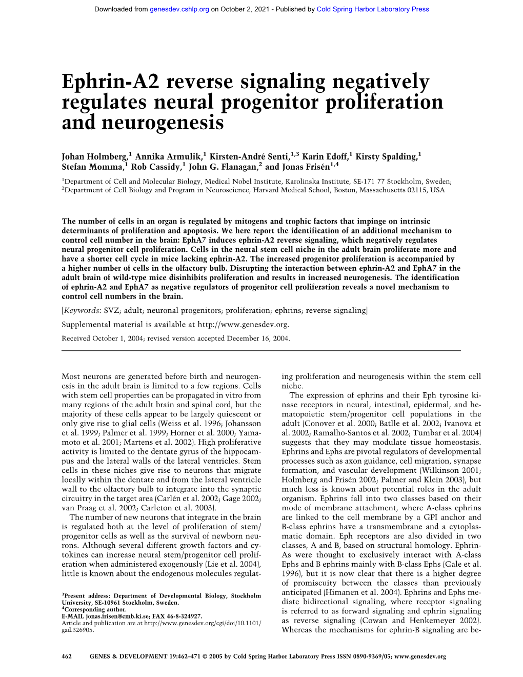 Ephrin-A2 Reverse Signaling Negatively Regulates Neural Progenitor Proliferation and Neurogenesis