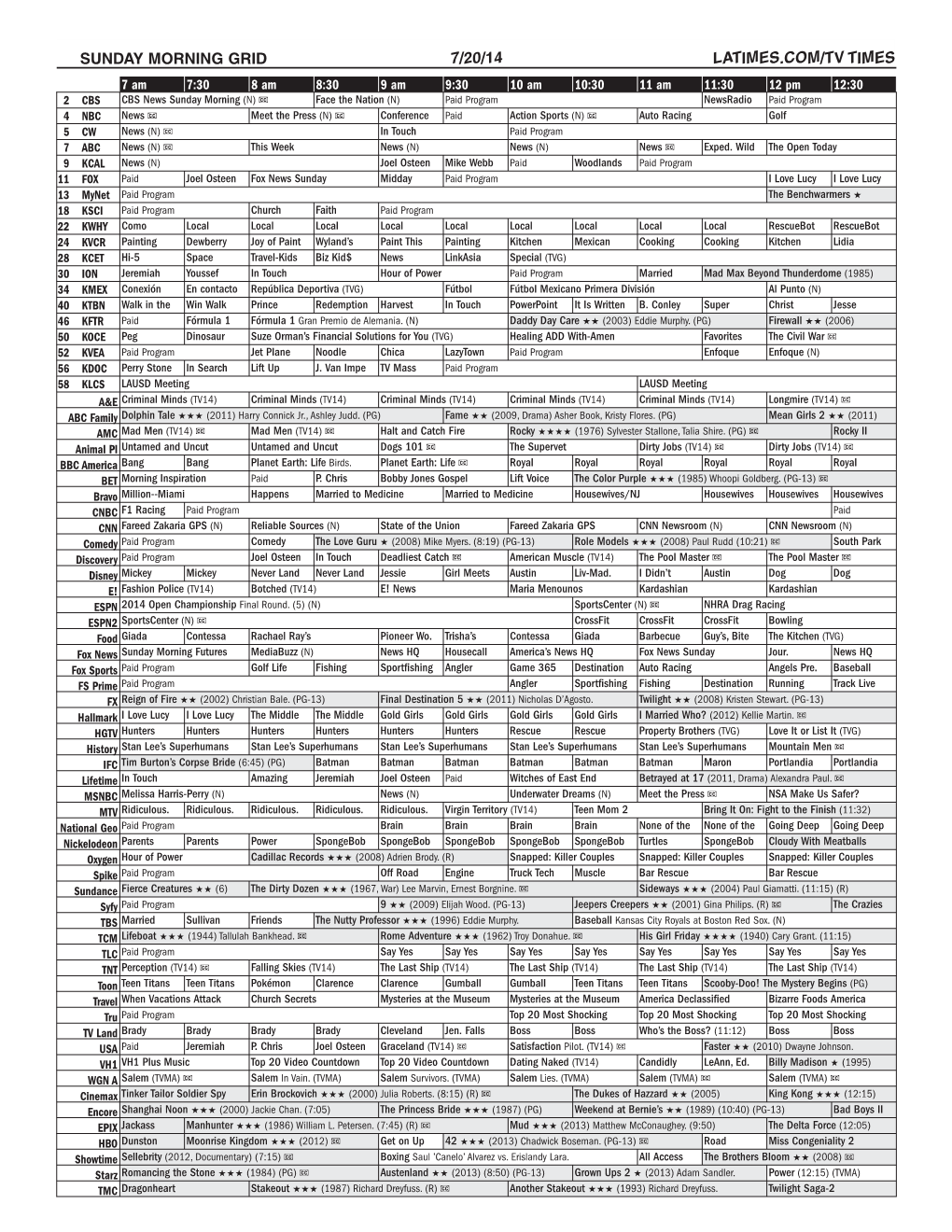 Sunday Morning Grid 7/20/14 Latimes.Com/Tv Times