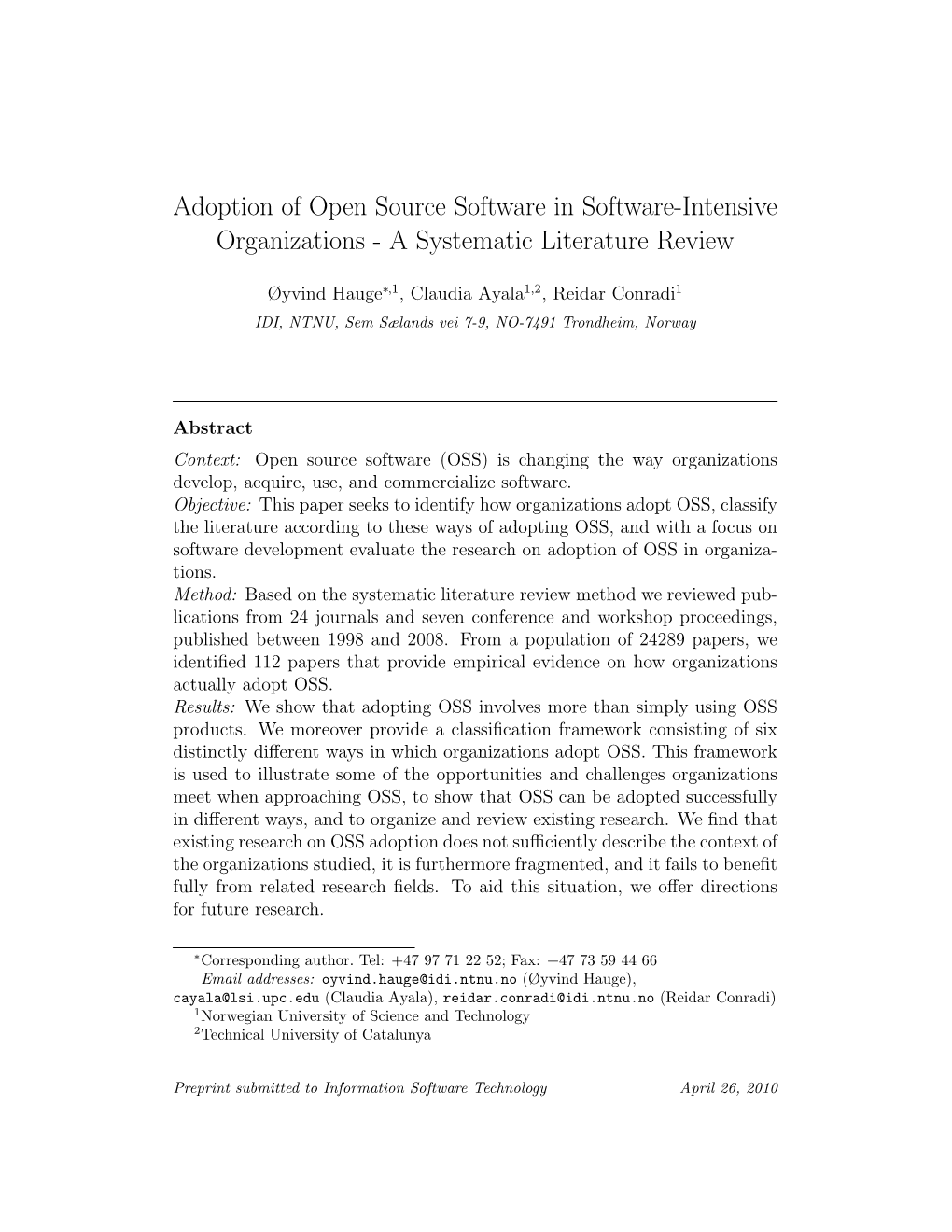 Adoption of Open Source Software in Software-Intensive Organizations - a Systematic Literature Review