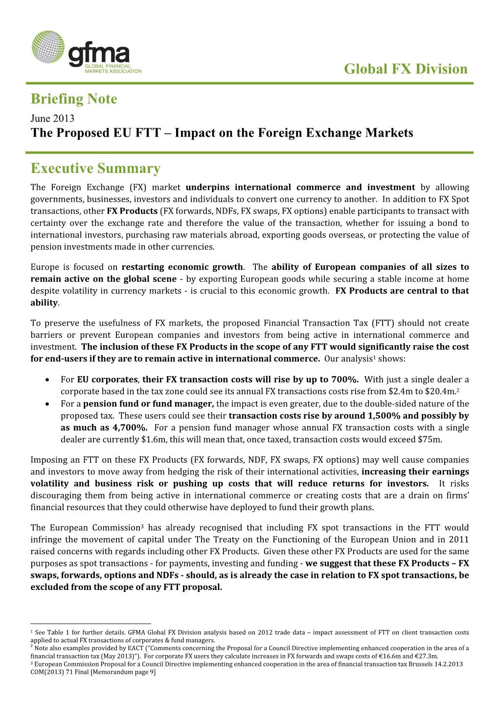 Global FX Division Briefing Note Executive Summary