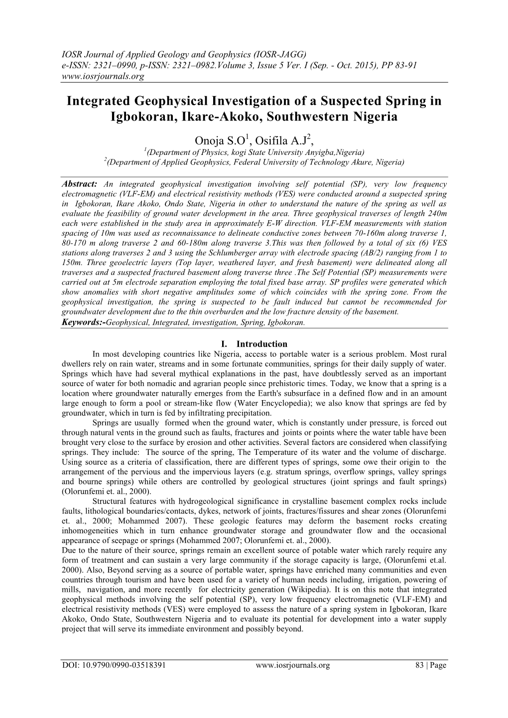 Integrated Geophysical Investigation of a Suspected Spring in Igbokoran, Ikare-Akoko, Southwestern Nigeria