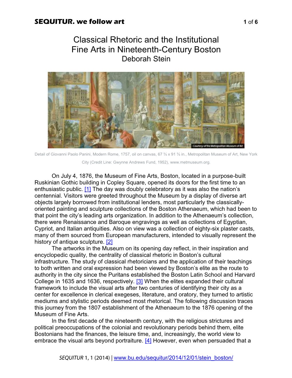 Classical Rhetoric and the Institutional Fine Arts in Nineteenth-Century Boston Deborah Stein