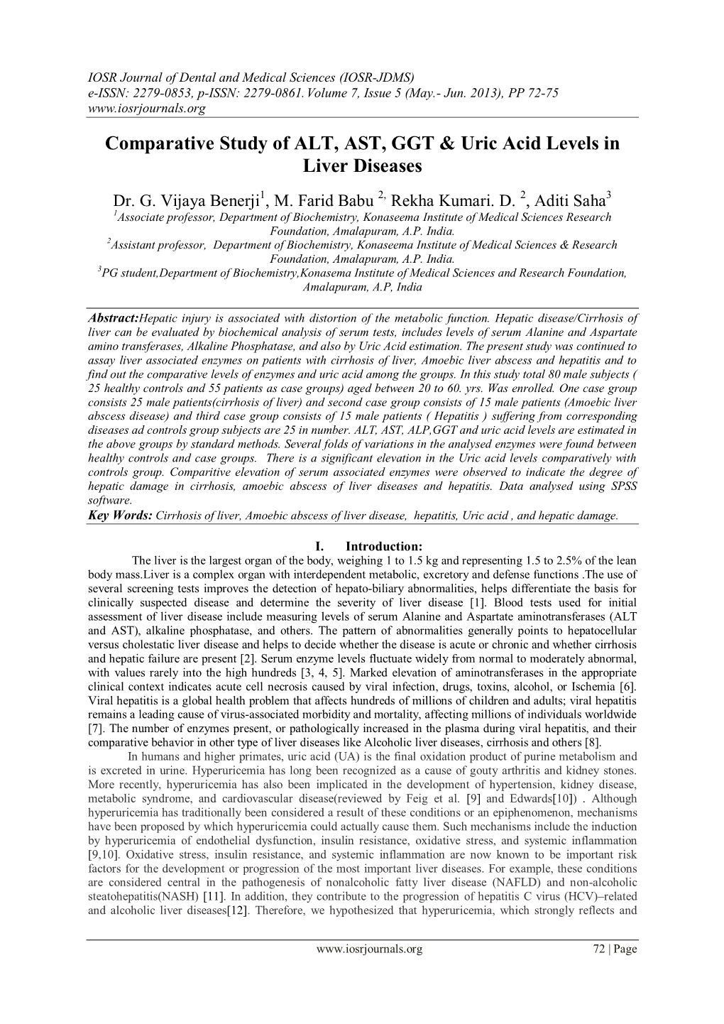 Comparative Study of ALT, AST, GGT & Uric Acid Levels in Liver Diseases