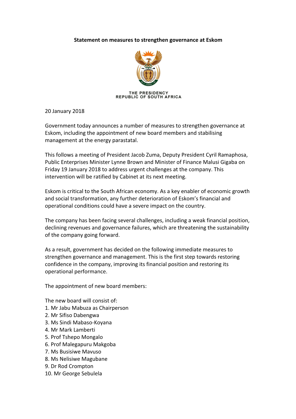 Statement on Measures to Strengthen Governance at Eskom