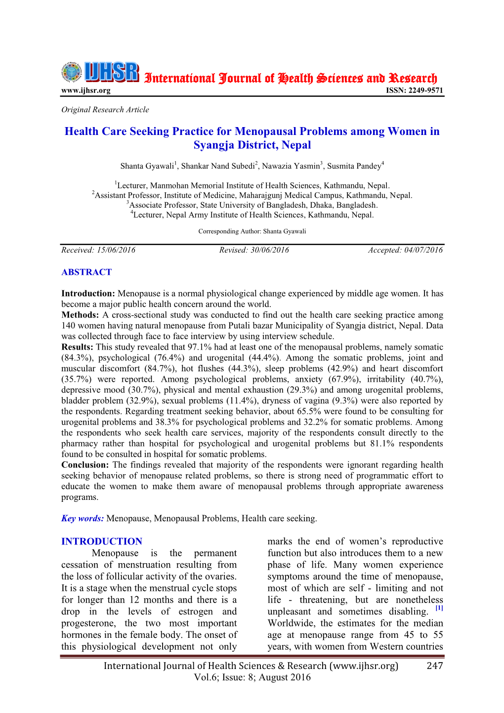 Health Care Seeking Practice for Menopausal Problems Among Women in Syangja District, Nepal
