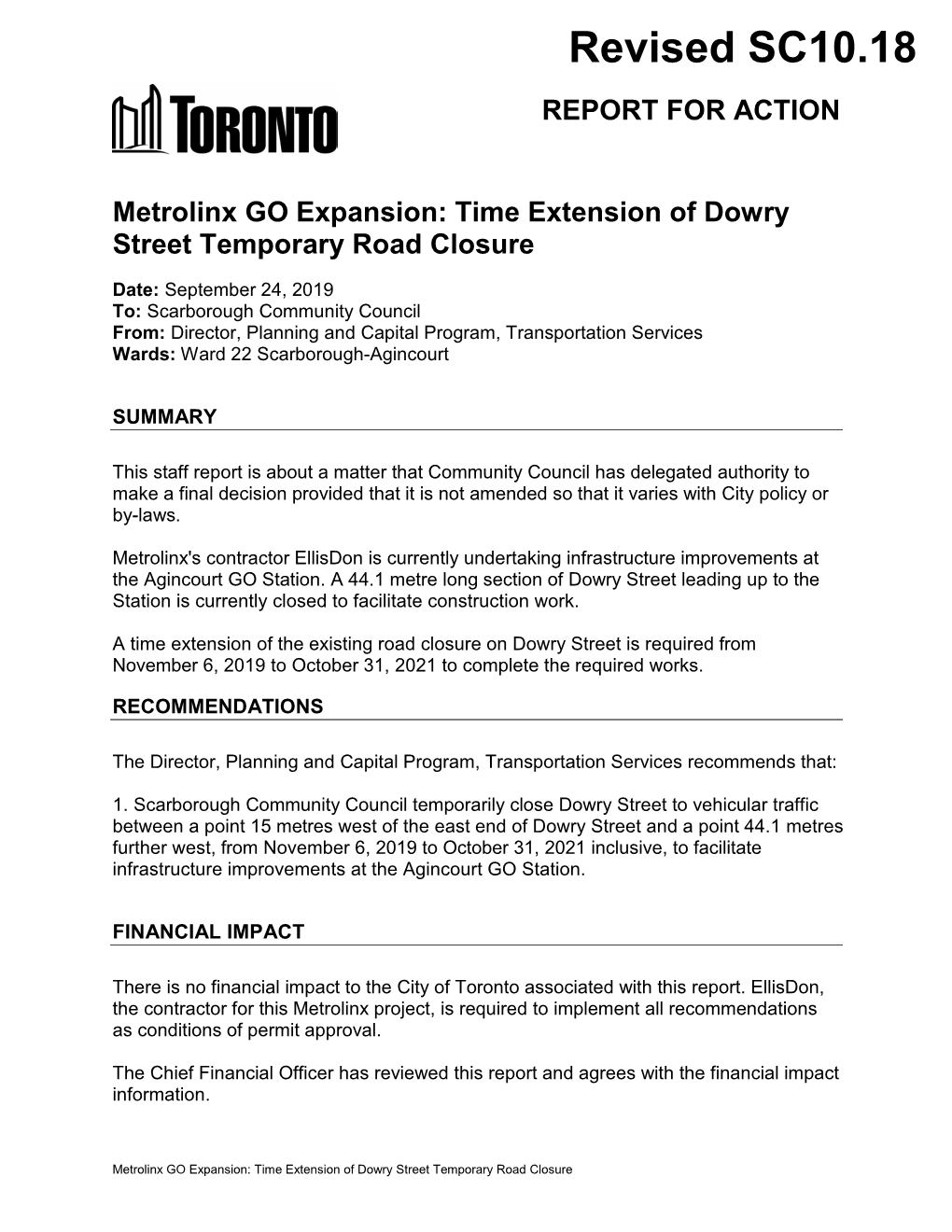 Metrolinx GO Expansion: Time Extension of Dowry Street Temporary Road Closure