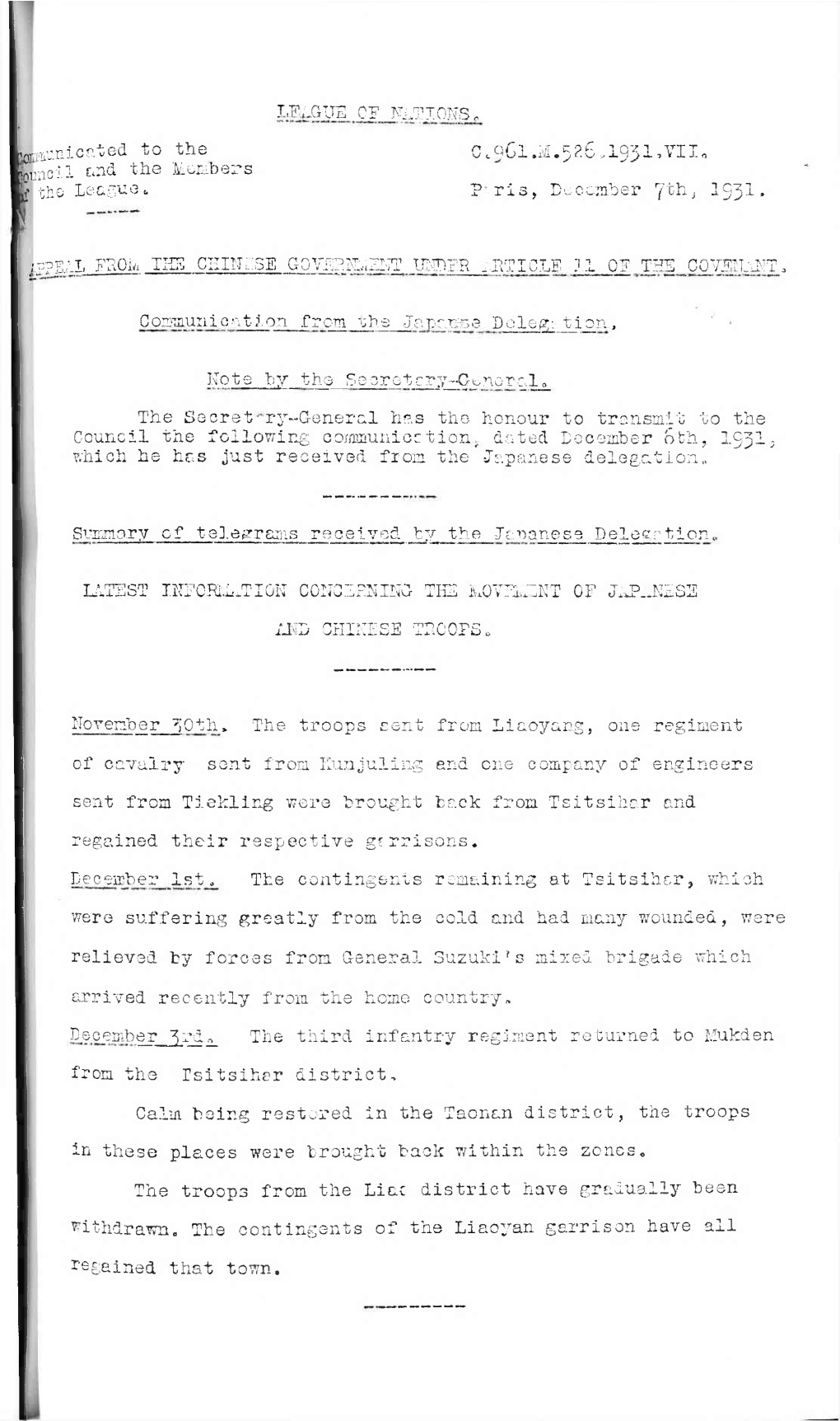 (Vlunicnted to the Ccogl.M.526.1931,'VII. Mncil and the Members ■ the League, ? Ris, Du Comber 7Th, 2531