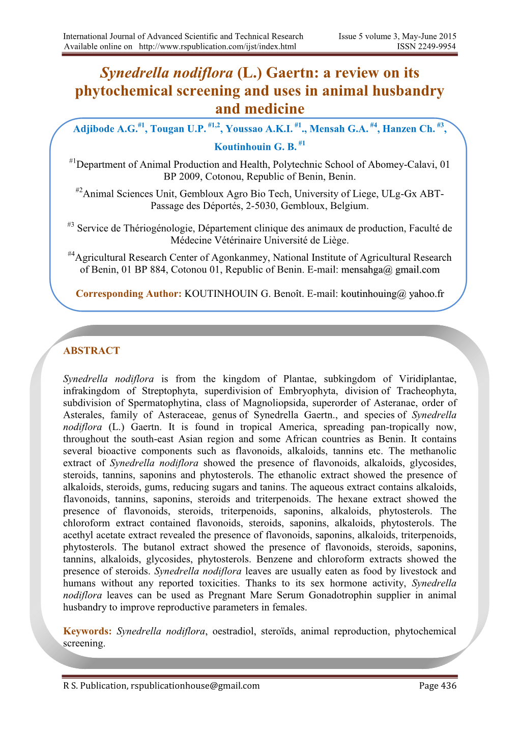 Synedrella Nodiflora (L.) Gaertn: a Review on Its Phytochemical Screening and Uses in Animal Husbandry and Medicine Adjibode A.G.#1, Tougan U.P