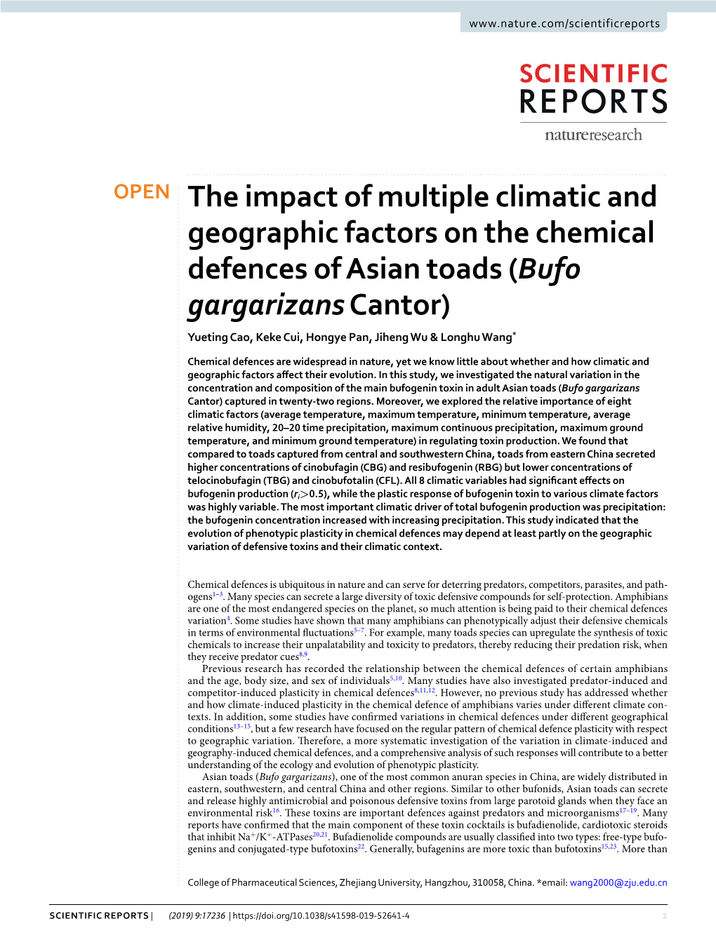 The Impact of Multiple Climatic and Geographic Factors on the Chemical Defences of Asian Toads (Bufo Gargarizans Cantor)